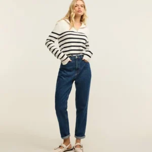 Calça Mom em Jeans com Cintura Alta e Costura Aparente | Feminino | Blue Steel | Azul | 42